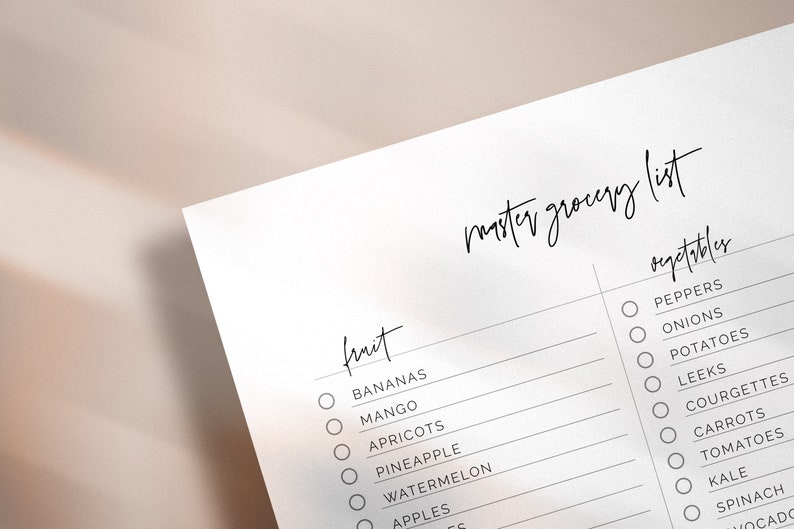 Bearbeitbare Master-Einkaufsliste | Master Lebensmittel Checkliste | Einkaufsliste bearbeiten | Minimale Einkaufsliste | Einkaufsliste | US Letter + A4 Bild 1