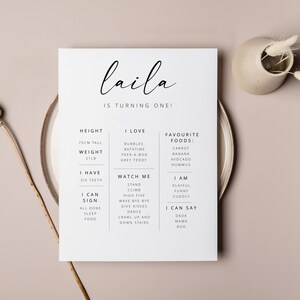 Puede incluir: Un gráfico de hitos de cumpleaños imprimible en blanco para una niña de un año llamada Laila. El gráfico incluye información sobre su altura, peso, alimentos favoritos y actividades. El gráfico está decorado con un diseño simple en blanco y negro.