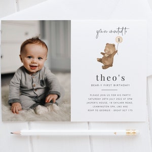Bear Birthday Invitation Template, Photo Birthday Invitation, 1st Birthday Photo Invite, Beary First Birthday, Printable Birthday Invite
