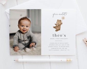 Bear Birthday Invitation Template, Photo Birthday Invitation, 1st Birthday Photo Invite, Beary First Birthday, Printable Birthday Invite