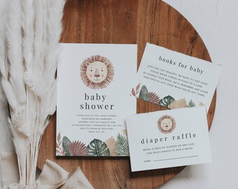 Baby Shower Invitation Suite, Baby Shower Invite Template, Lion Leaf, Lion Baby Shower, Safari Baby Shower, Printable Baby Shower Invite Set