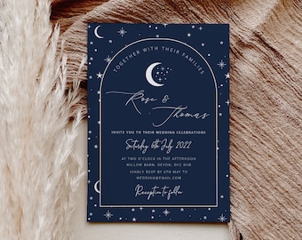 May include: A navy blue wedding invitation with a white crescent moon and stars design. The invitation reads "Together with their families, Rose & Thomas, Invite you to their wedding celebrations, Saturday 6th July 2022, at two o'clock in the afternoon, Willow Barn, Devon, DV2 8HB, Kindly RSVP by 6th May to wedding@email.com, Reception to follow."
