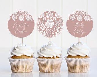 Cielito Lindo Baby Shower, Cupcake Topper Template, Mexican Baby Shower Pink, Baby Shower Floral Girl, Editable Printable Cupcake Toppers