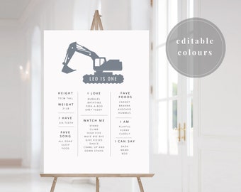 Excavator Milestone Print, Editable Milestone Poster, 1st Birthday Construction Vehicle, Editable Colours, 1st Birthday Milestone Printable