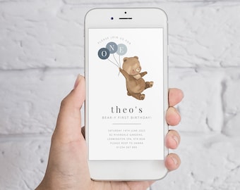 Bear Balloons Evite, 1st Birthday Boy, Bear Text Invitation, Beary First Birthday, Bear Balloons Invite, One Evite, Teddy Bear Text Invite