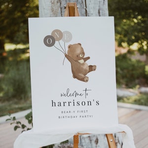 Bear Welcome Sign Template, Teddy Bear Welcome Sign, Bear Brown Balloons, 1st Birthday Bear, Beary First Birthday, Printable Welcome Sign