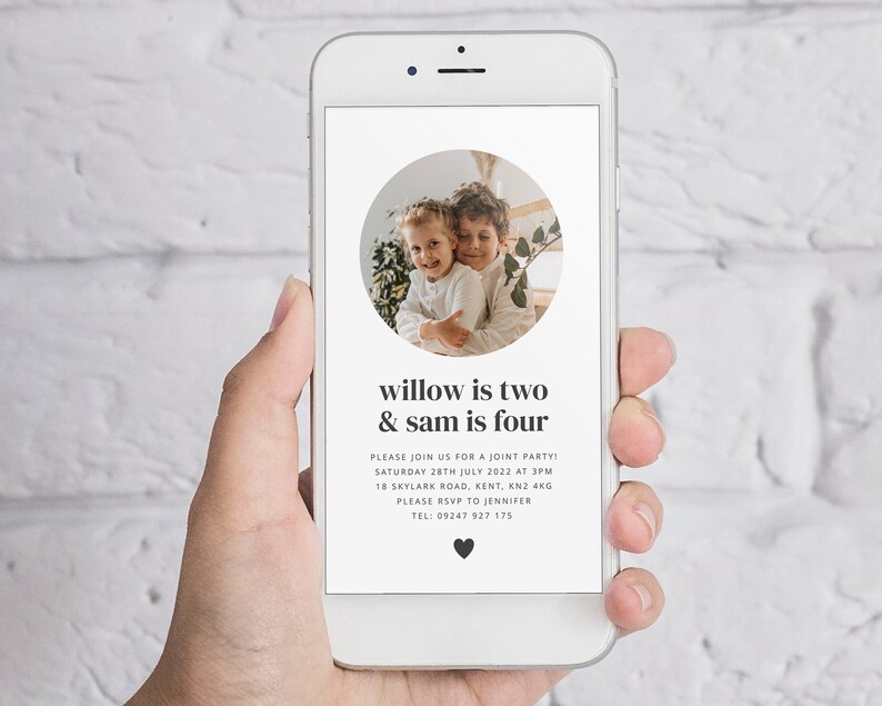 May include: A digital invitation for a joint birthday party for Willow, who is turning two, and Sam, who is turning four. The invitation includes a photo of the two children, the date and time of the party, the address, and contact information for RSVP.