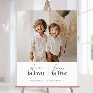 Plantilla de signo de bienvenida de cumpleaños conjunto, cartel de bienvenida de cumpleaños doble, signo de bienvenida con foto, fiesta de hermanos, signo de bienvenida imprimible