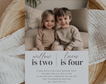 May include: A light blue invitation card with a photo of two children, a girl and a boy, sitting on a couch. The text on the card reads "willow is two lucas is four" and includes details for a joint birthday party.