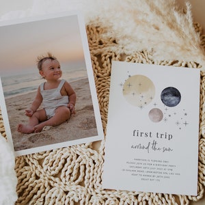 First Trip Around The Sun, First Birthday Invitation, 1st Birthday Photo Invite, First Birthday Sun Invite, Printable Birthday Invitation