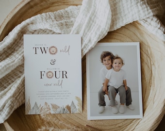 May include: A white invitation card with a lion illustration and the text "Archie is Two wild & William is Four ever wild". The invitation is for a joint birthday party on September 10th, 2024 at 5pm. The card has a brown, beige, and green floral design.