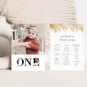 Mini carte jalon modifiable, Boho 1er anniversaire, carte jalon miniature, carte jalon herbe de la pampa, carte postale 1er anniversaire imprimable