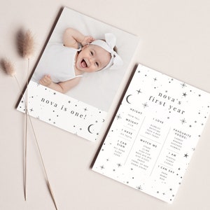 Mini carte d'étape modifiable, céleste 1er anniversaire, carte d'étape miniature miniature, étoile d'anniversaire, carte postale imprimable 1er anniversaire