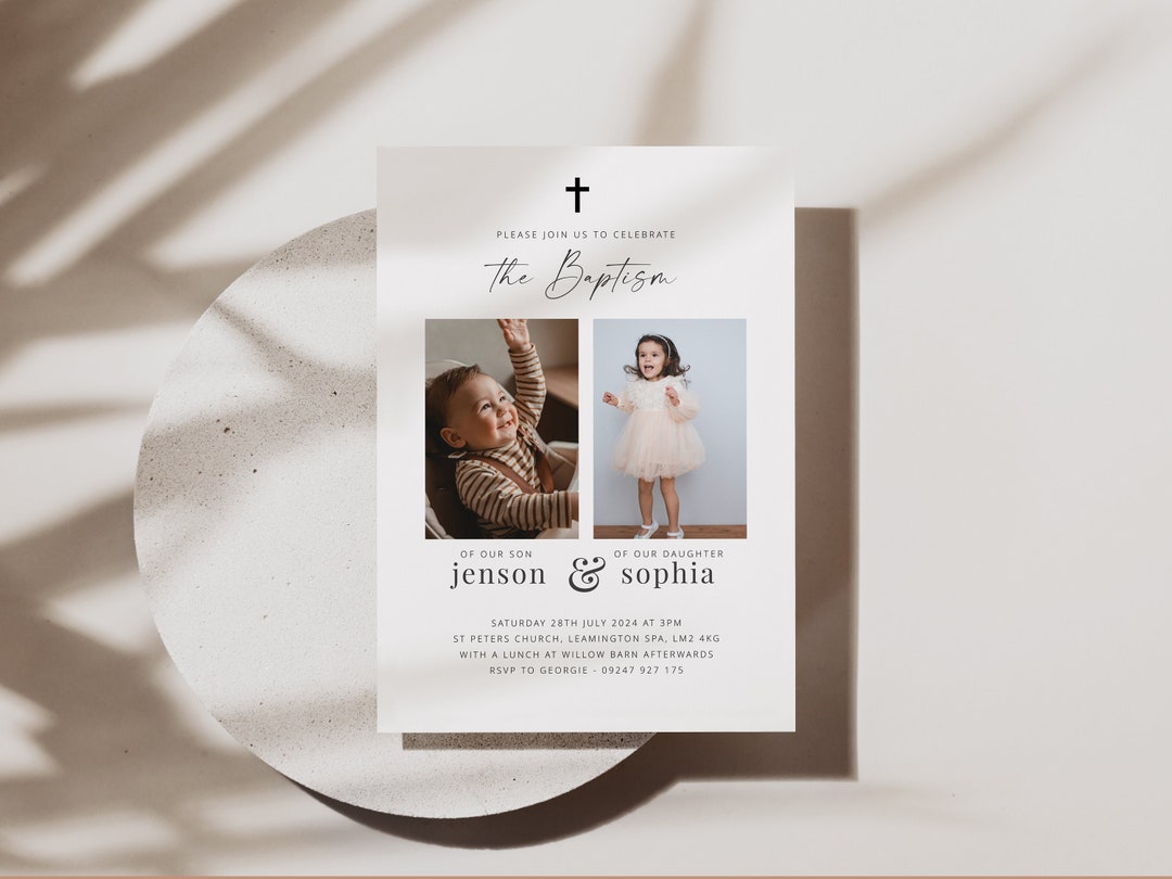 Joint Baptism Invitation Template, Baptism Photo Invite, Naming Day Invitation, Sibling