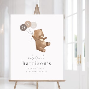Bear Welcome Sign Template, Teddy Bear Welcome Sign, Bear Brown Balloons, 1st Birthday Bear, Beary First Birthday, Printable Welcome Sign