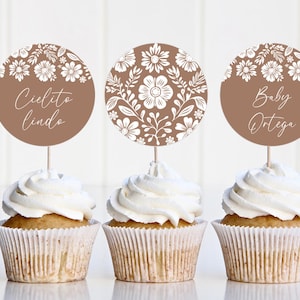 Cielito Lindo Baby Shower, Plantilla de Adornos para Cupcakes, Baby Shower Mexicano, Baby Shower Floral de Niña, Adornos para Cupcakes Editables e Imprimibles