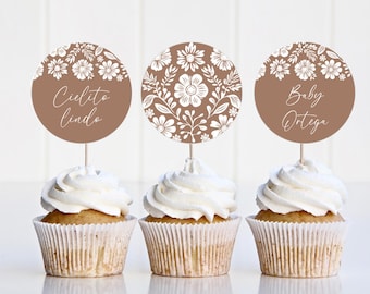 Cielito Lindo Baby Shower, Cupcake Topper Template, Mexican Baby Shower, Baby Shower Floral Girl, Editable Printable Cupcake Toppers