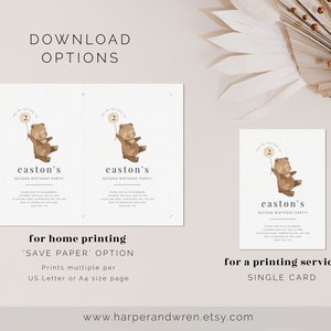 May include: Two printable invitations for a second birthday party featuring a brown bear holding a balloon with the number "2" on it. The text on the invitations reads "easton's second birthday party". The invitations are shown in two different formats: "for home printing 'save paper' option" and "for a printing service single card".