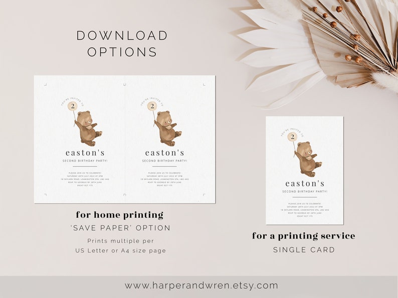 May include: Two printable invitations for a second birthday party featuring a brown bear holding a balloon with the number "2" on it. The text on the invitations reads "easton's second birthday party". The invitations are shown in two different formats: "for home printing 'save paper' option" and "for a printing service single card".