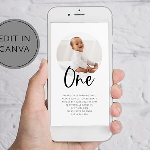 Birthday Evite, Photo Invite, Canva Template, Modern First Birthday, 1st Birthday Invite, One Evite, Digital SMS Invitation, 1st Birthday