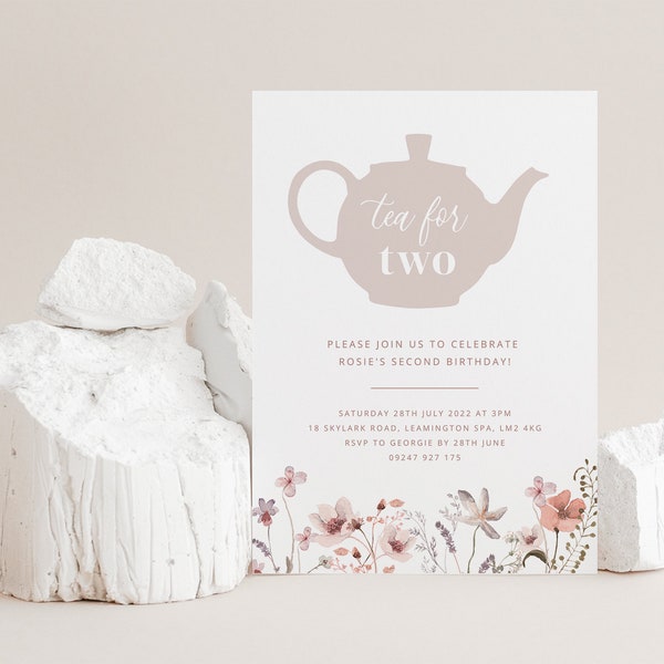 2nd Birthday Invitation Template, Tea for Two Invite, Floral Birthday Tea Invite, 2nd Birthday Girl Invite, Printable 2nd Birthday Invite