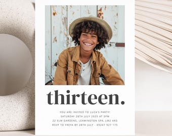 May include: A birthday party invitation with a photo of a boy wearing a brown jacket and a straw hat. The text reads "thirteen."  You are invited to Luca's party! Saturday 28th July 2025 at 3pm. 22 Elm Gardens, Leamington Spa, LM2 4KG. RSVP to Freya by 28th July - 09247 927 175.