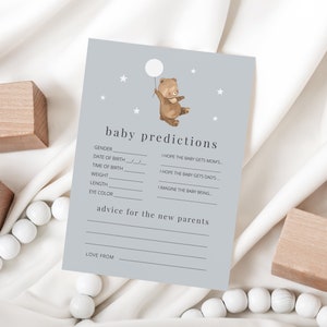 Plantilla de tarjeta de consejos y predicciones para bebés, baby shower de oso de invierno, baby shower imprimible, juegos de baby shower, tarjeta de baby shower imprimible