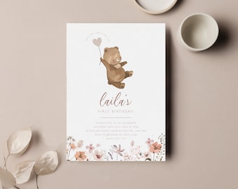 Bear Birthday Invitation Template, Floral Bear 1st Birthday Invite, 1st Birthday Girl, Beary First Birthday, Printable Birthday invite