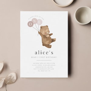 Bear Invitation Template, 1st Birthday Girl, Beary First Birthday, Teddy Bears Picnic, Bear Balloons Invite, Printable Birthday invite
