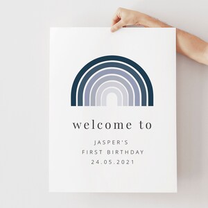 Birthday welcome sign | Editable Welcome Sign | Blue Boho Rainbow Birthday | 1st Birthday Boy | Blue Grey Rainbow | Printable Welcome Sign