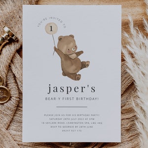 Bear Birthday invitation Template, Beary First Birthday, Teddy bears picnic, Watercolour Teddy Bear Invite, Printable Birthday invite