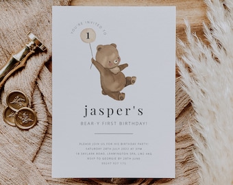 Bear Birthday invitation Template, Beary First Birthday, Teddy bears picnic, Watercolour Teddy Bear Invite, Printable Birthday invite
