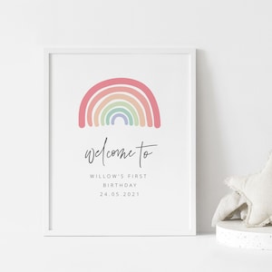 Geburtstag Willkommensschild, US Letter, Editierbares Willkommensschild, Pastellregenbogen Geburtstag, erster Geburtstag, Boho Regenbogen Party, druckbares Schild