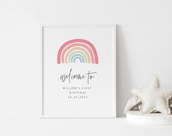 Geburtstag Willkommensschild, US Letter, Editierbares Willkommensschild, Pastellregenbogen Geburtstag, erster Geburtstag, Boho Regenbogen Party, druckbares Schild