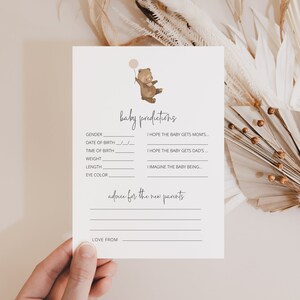 Modèle de carte prédictions et conseils pour bébé, baby shower ours, baby shower imprimable, carte de conseils baby shower, carte imprimable baby shower