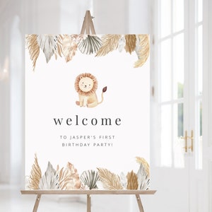Lion Birthday Welcome Template, Editable Sign, Lion Neutral Leaf, Safari Birthday, 1st Birthday Jungle, Printable Welcome Sign