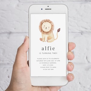 Editable Birthday Evite, Watercolour Lion, SMS Invite, Safari Birthday, Jungle Birthday Invite, Safari Invitation, Lion Invitation
