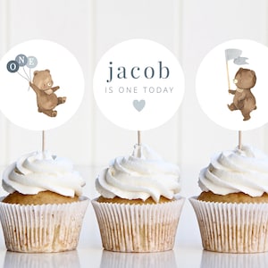 Modello Topper Cupcake, Primo Compleanno Ragazzo, Toppers Cupcake Orso, Picnic Orsacchiotti, Primo Compleanno Beary, Toppers Cupcake Orsetto stampabili