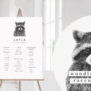 Cartel de hito editable / Cartel de cumpleaños de mapache / Primer signo de cumpleaños / Cartel del 1er cumpleaños / Cumpleaños del bosque / Signo de hito imprimible