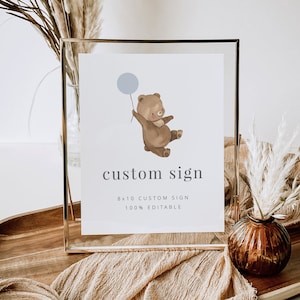 Custom Sign Template, 8x10 Editable sign, Bear Ballon Sign First Birthday Boy, Teddy Bears Picnic, Printable Sign