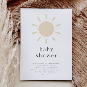 Baby shower invite Template, Sunshine Baby Shower Invitation, Sun baby shower, Modern baby shower, Printable invite