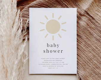 Baby shower invite Template, Sunshine Baby Shower Invitation, Sun baby shower, Modern baby shower, Printable invite