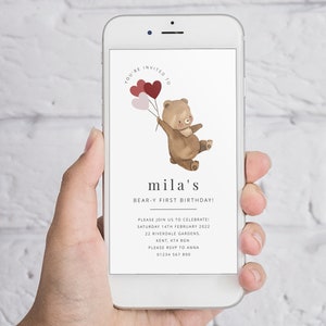 Valentines Birthday Evite, 1st Birthday Girl, Bear Balloons Invite, 1st Birthday Invite, Teddy Evite, Hearts Evite, Digital SMS Invitation