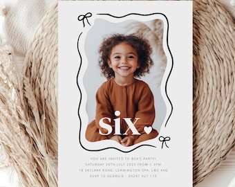 Bow 6th Birthday, Six Birthday Invitation Template, Coquette Bow, 6th Invitation, Birthday Photo Invite, Printable Birthday Invite