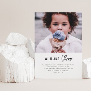 Editable Birthday Invitation, Wild and Three Invite, Photo Birthday Invitation, Modern 3rd Birthday Invitation, Printable Birthday Invite