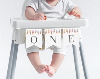 Icecream Highchair Banner Template, Sweet One Birthday, Dessert Party, 1st Birthday Girl, Highchair Garland, Printable Highchair Banner