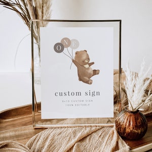 Bear Custom Sign Template, Editable sign, Bear Brown Balloons, Bear Sign, 1st Birthday Boy, Teddy Bears Picnic, Custom Printable Sign