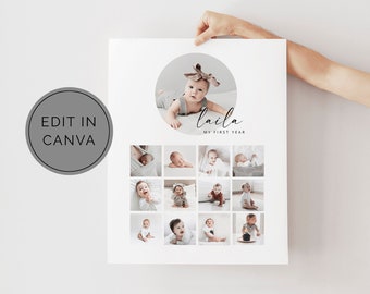 Babys First Year Poster Template, Canva Template, 1st Birthday Photo Print, First Birthday Photo Collage, Printable 1st Year Poster