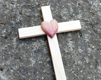 Small Wooden Wall Cross with Heart ,Religious Catholic Christian Gifts, Church Supplies