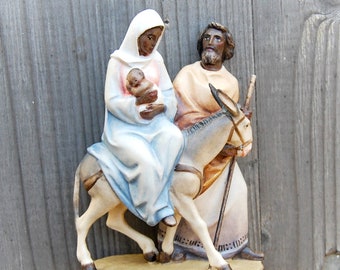 Belén de madera pintado a mano: Huida a Egipto, Sagrada Familia